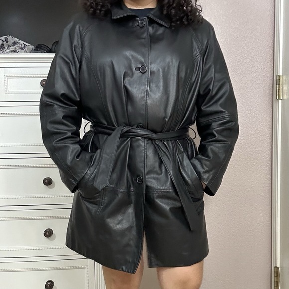 Preston & York Black Genuine Leather Belted Button Up Belt Tie Coat Mid Length L - Picture 9 of 11